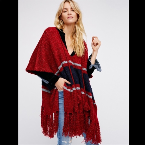 Free People Sweaters - Free People Striped Fringe Poncho Sweater Top - Red & Navy